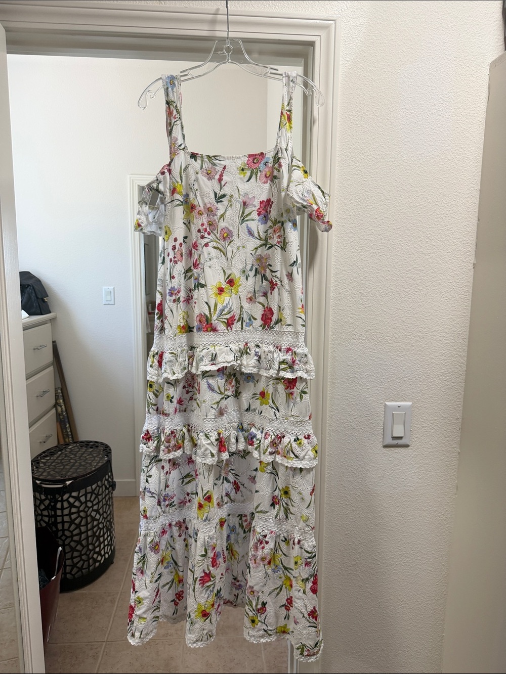 NICHOLAS White Floral Maxi Dress with Pink & Yellow Blooms